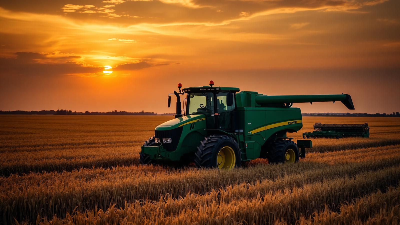 Farm tractor in a wheat field at sunset